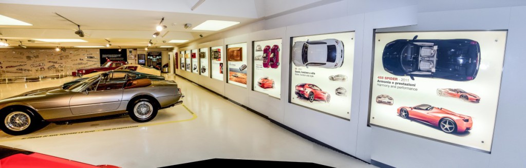 Panorama of the wall with the timeline of production of Ferrari's