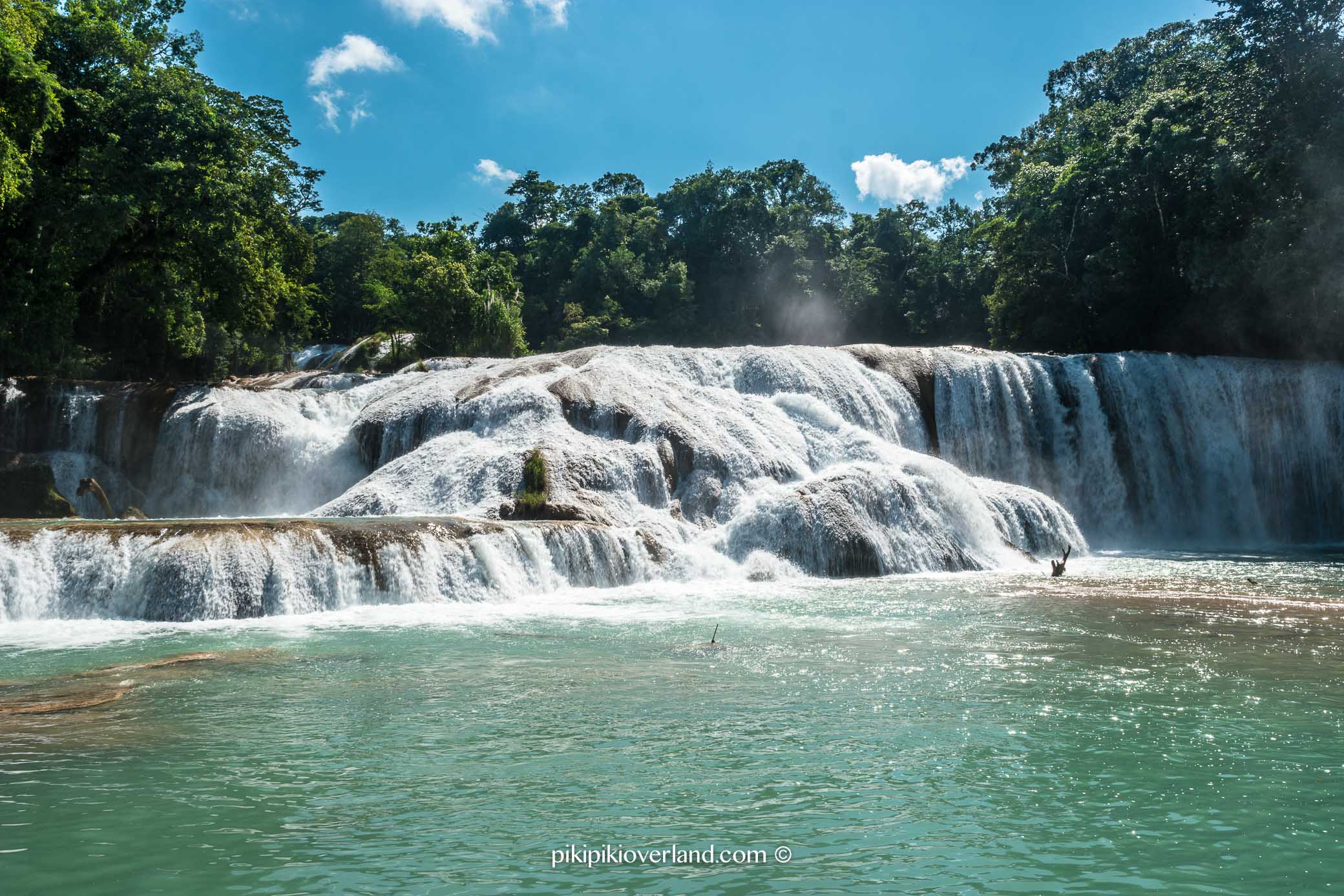 Stunning turquoise water Agua Azul Waterfalls in Chiapas Mexico
