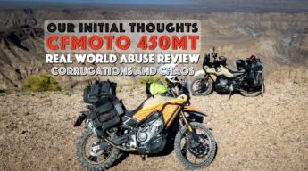 The CFMoto 450MT Ibex during our 10,000 km adventure motorcycle review, tested on harsh dirt roads and remote Namibian terrain with full luggage setup.