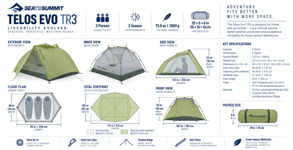 Sea to Summit Telos Evo TR3 3-person tent infographic showing dimensions, floor plan, three-person sleeping layout, vestibules, peak height, packed size and weight for motorcycle touring and camping.
