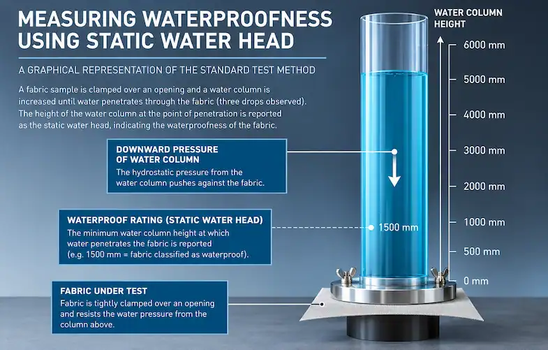 Water column for tent use. Hydrostatic head Static water head test showing how tent fabric waterproofness is measured using water column pressure in millimetres.
